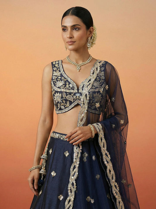 Women's Dark Blue Tissue Beads with Embroidered Lehenga Choli with Dupatta