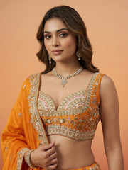 Orange Tissue with Colourful Peacock Embroidery Semi-Stitched Lehenga Set