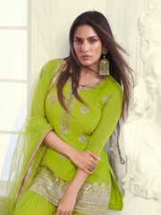 Floral Embroidered Notch Neck Georgette Straight Kurta With Sharara & Dupatta