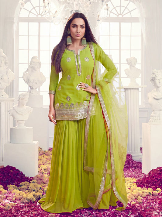 Floral Embroidered Notch Neck Georgette Straight Kurta With Sharara & Dupatta