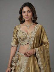 Women's Beige Gold Tissue Beads with Embroidered Lehenga Choli with Dupatta