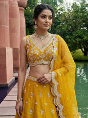 Women's Mustard Tissue Mirror sequince Embroidered Lehenga Choli with Dupatta