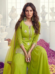 Floral Embroidered Notch Neck Georgette Straight Kurta With Sharara & Dupatta