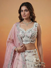 Women's White and Pink Organza Swarovski stones Embroidered Lehenga Choli with Dupatta