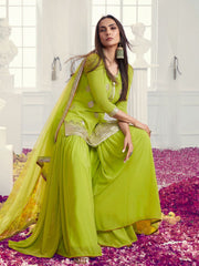 Floral Embroidered Notch Neck Georgette Straight Kurta With Sharara & Dupatta