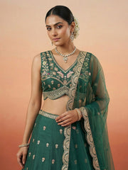 Women's Green Chinnon Silk Motif with Sequince Embroidered Lehenga Choli with Dupatta