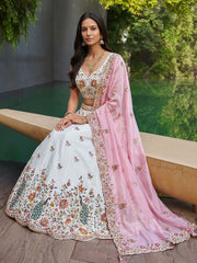 Women's Cream-Pink Organza Zarkan, Multi-Color Thread, Golden Sequin Embroidered Lehenga Choli with Dupatta