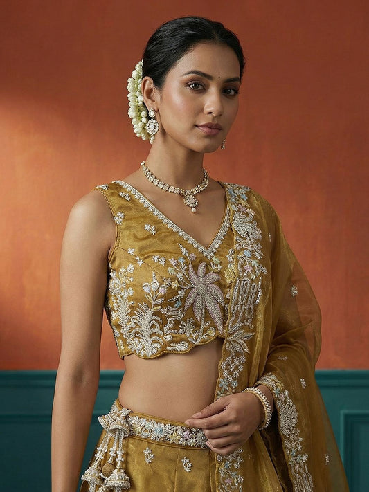 Women's Mustard Tissue Moti with Embroidered Lehenga Choli with Dupatta