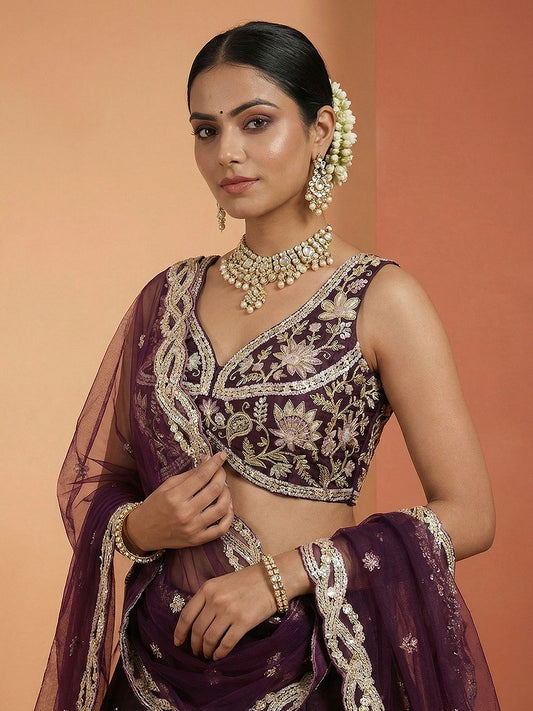 Women's Wine Tissue Beads with Embroidered Lehenga Choli with Dupatta