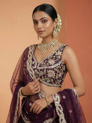 Women's Wine Tissue Beads with Embroidered Lehenga Choli with Dupatta