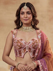 Women's Rust Tissue Moti with Embroidered Lehenga Choli with Dupatta