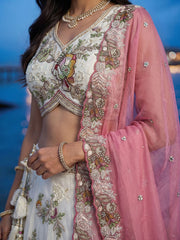 Women's Cream Tissue Woolen Embroidered Lehenga Choli with Dupatta