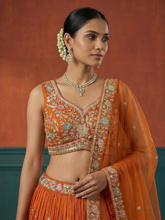 Women's Orange Georgette Sequince Embroidered Lehenga Choli with Dupatta