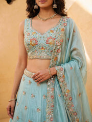 Women's Aqua Blue Organza Zarkan, Multi-Color Thread, Golden Sequin Embroidered Lehenga Choli with Dupatta