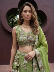 Women's Pista Tissue Woolen Embroidered Lehenga Choli with Dupatta