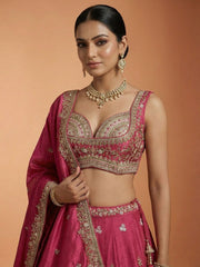 Pink Tissue Sequience Thread Embroidered Semi-Stitched Lehenga