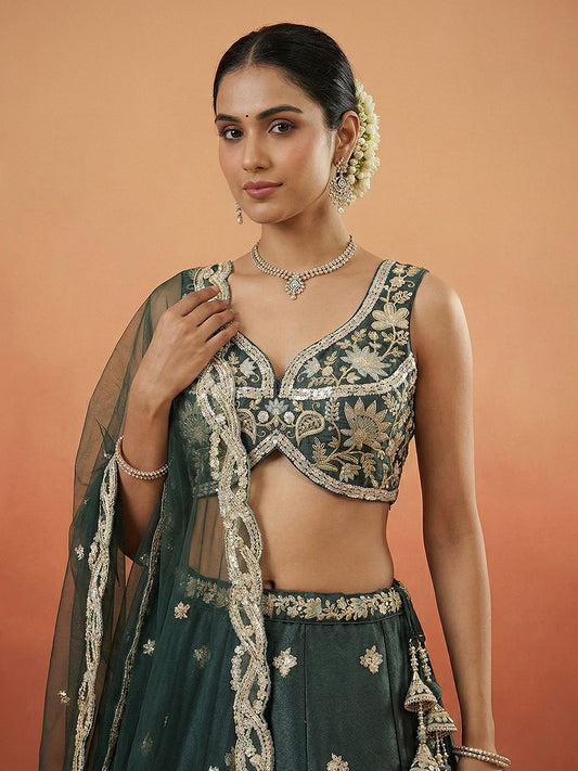 Women's Dark Green Tissue Beads with Embroidered Lehenga Choli with Dupatta