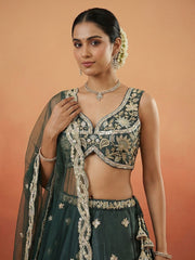 Women's Dark Green Tissue Beads with Embroidered Lehenga Choli with Dupatta
