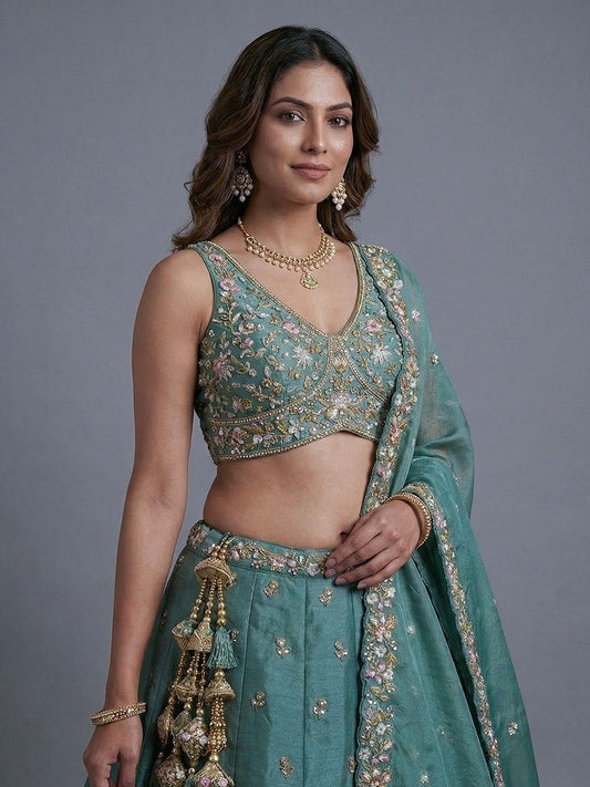 Women's Sea green Tissue Beads with Embroidered Lehenga Choli with Dupatta