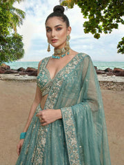 Women's Turquoise Chiffon Beads with Embroidered Lehenga Choli with Dupatta