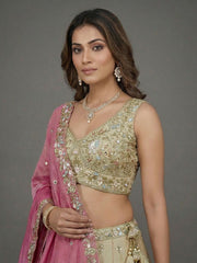 Women's Beige & Pink Tissue Beads with Embroidered Lehenga Choli with Dupatta