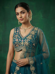 Women's Teal Chinnon Moti with Sequince Embroidered Lehenga Choli with Dupatta