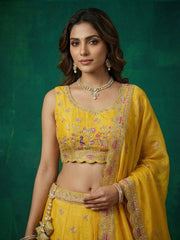 Women's Yellow Tissue Zarkan Embroidered Lehenga Choli with Dupatta