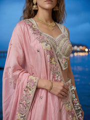 Women's White and Pink Chiffon Beads with Embroidered Lehenga Choli with Dupatta
