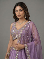 Women's Lavender Tissue Beads with Embroidered Lehenga Choli with Dupatta