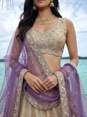 Women's Cream Tissue Beads with zari Embroidered Lehenga Choli with Dupatta