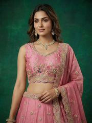 Women's Pink Tissue Zarkan Embroidered Lehenga Choli with Dupatta