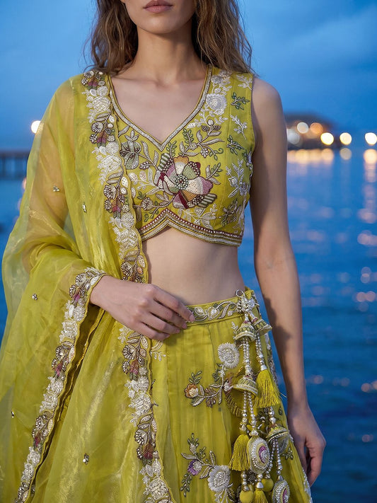 Women's Yellow Tissue Woolen Embroidered Lehenga Choli with Dupatta