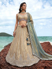 Women's Cream Tissue Beads with zari Embroidered Lehenga Choli with Dupatta
