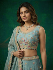 Women's Turquoise Tissue Zarkan Embroidered Lehenga Choli with Dupatta