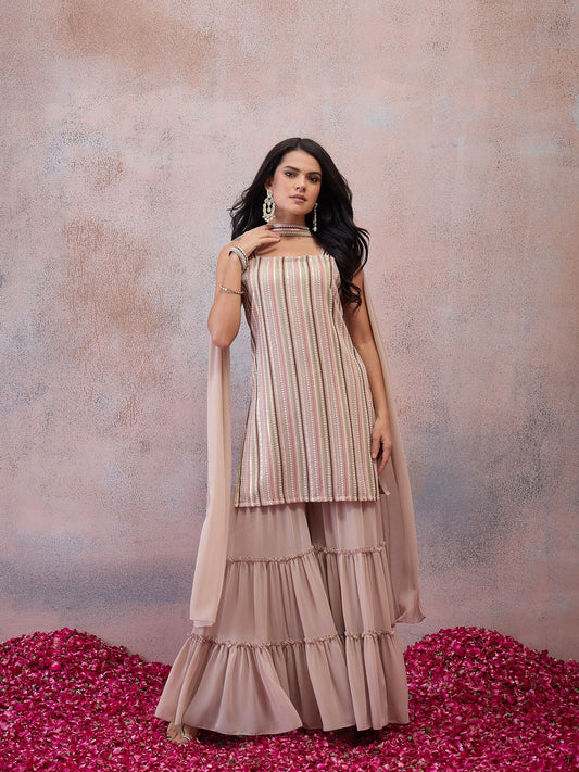 Women Embroidered Regular Sequinned Kurta with Sharara & With Dupatta