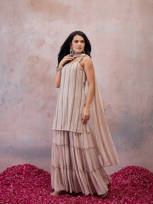 Women Embroidered Regular Sequinned Kurta with Sharara & With Dupatta