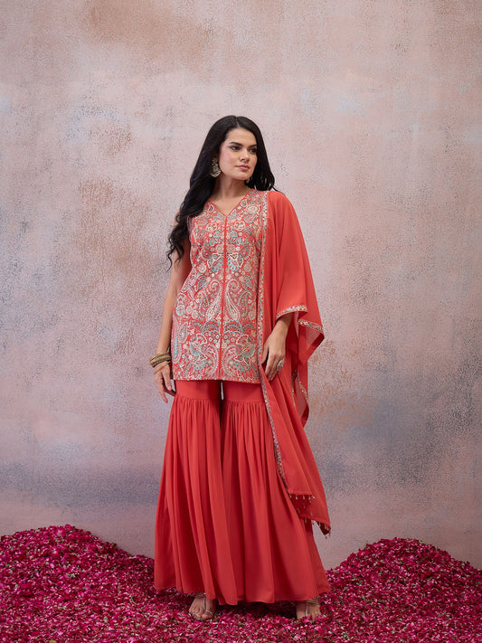 Women Embroidered Regular Thread Work Kurta & Sharara With Dupatta