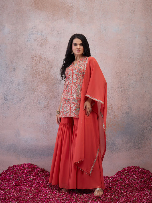 Women Embroidered Regular Thread Work Kurta & Sharara With Dupatta