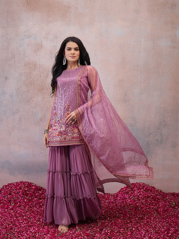 Women Ethnic Motifs Embroidered Regular Sequinned Kurta with Sharara & With Dupatta