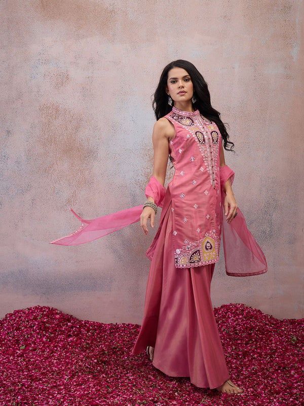 Women Ethnic Motifs Work Pure Silk Kurta with Sharara & With Dupatta