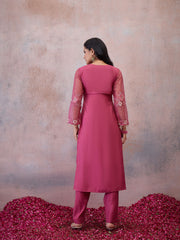 Women Ethnic Motifs Embroidered Angrakha Thread Work Pure Silk Kurta with Trousers