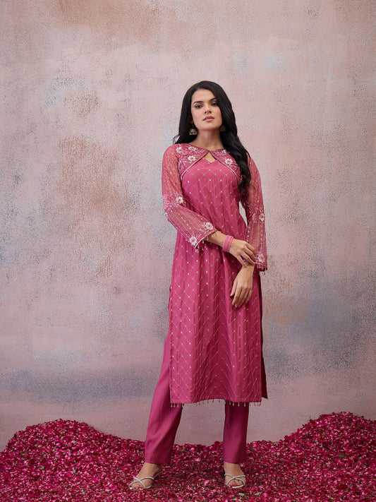 Women Ethnic Motifs Embroidered Angrakha Thread Work Pure Silk Kurta with Trousers