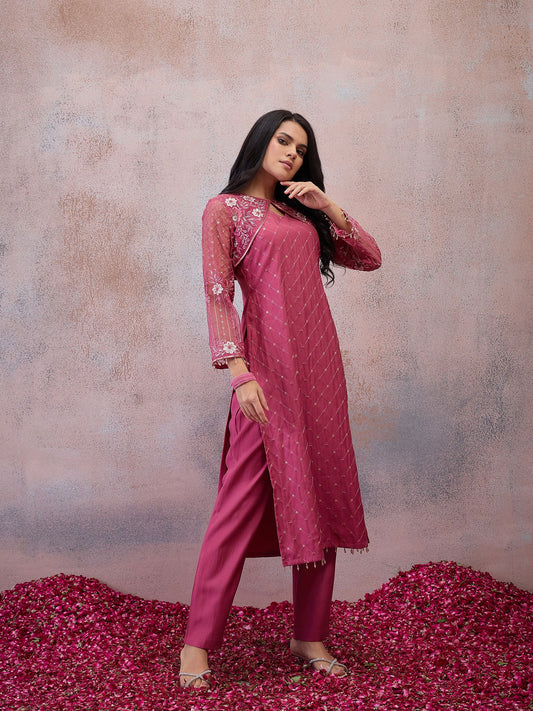 Women Ethnic Motifs Embroidered Angrakha Thread Work Pure Silk Kurta with Trousers