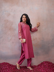 Women Ethnic Motifs Embroidered Angrakha Thread Work Pure Silk Kurta with Trousers