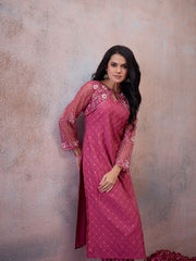 Women Ethnic Motifs Embroidered Angrakha Thread Work Pure Silk Kurta with Trousers