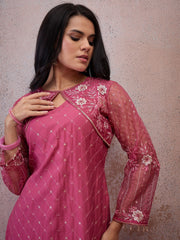 Women Ethnic Motifs Embroidered Angrakha Thread Work Pure Silk Kurta with Trousers