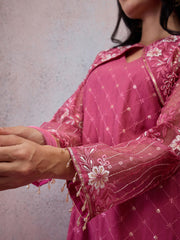 Women Ethnic Motifs Embroidered Angrakha Thread Work Pure Silk Kurta with Trousers