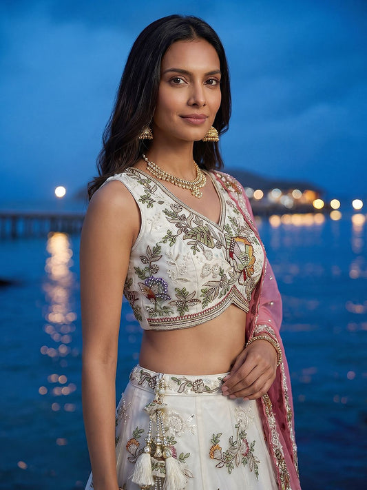 Women's Cream Tissue Woolen Embroidered Lehenga Choli with Dupatta