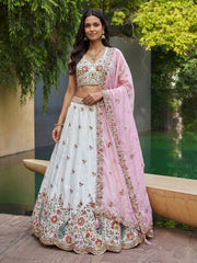 Women's Cream-Pink Organza Zarkan, Multi-Color Thread, Golden Sequin Embroidered Lehenga Choli with Dupatta