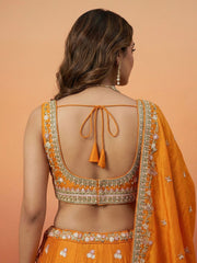 Orange Tissue with Colourful Peacock Embroidery Semi-Stitched Lehenga Set